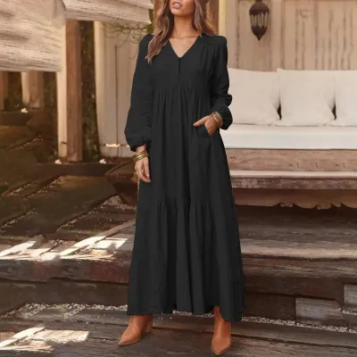 S-3XL Vintage Style Solid Color V-neck Single-breasted Long-sleeve Maxi Boho Dress