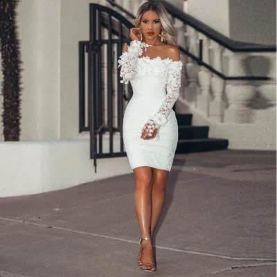 S-XL Fashion Lace Off-the-Shoulder Long-sleeve Mini Bodycon Dress