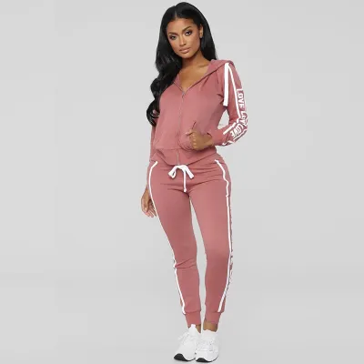 S-XXL Hooded Long-Sleeve Letter Print Zipper Top And Straight Pants Casual Two-Piece Set