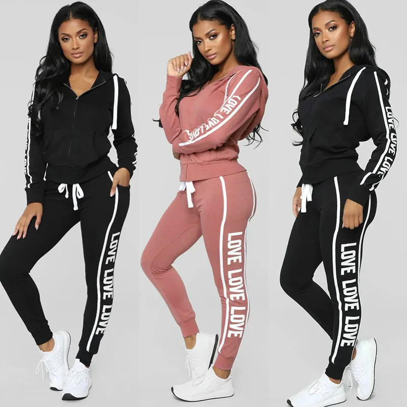 S-XXL Hooded Long-Sleeve Letter Print Zipper Top And Straight Pants Casual Two-Piece Set