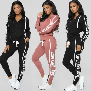 S-XXL Hooded Long-Sleeve Letter Print Zipper Top And Straight Pants Casual Two-Piece Set