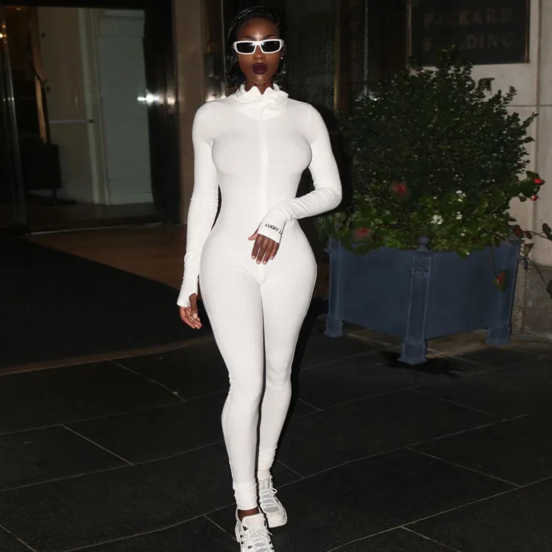 S-L Turtleneck Zipper Long Sleeve Letter Embroidery Tight Jumpsuit
