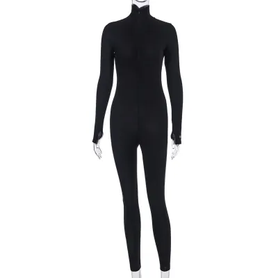 S-L Turtleneck Zipper Long Sleeve Letter Embroidery Tight Jumpsuit