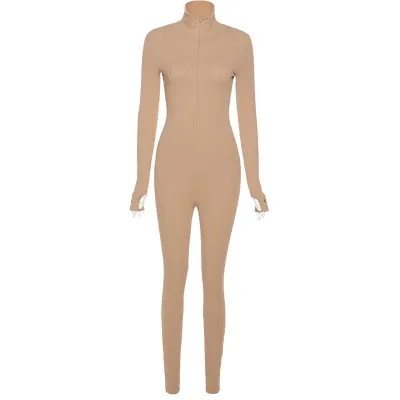S-L Turtleneck Zipper Long Sleeve Letter Embroidery Tight Jumpsuit
