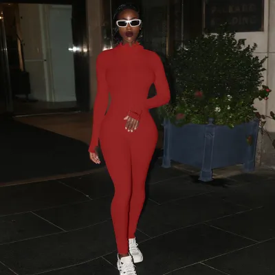 S-L Turtleneck Zipper Long Sleeve Letter Embroidery Tight Jumpsuit