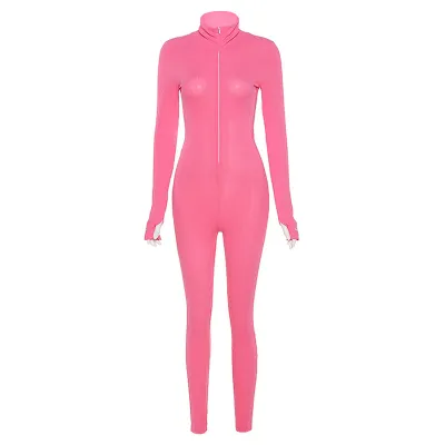 S-L Turtleneck Zipper Long Sleeve Letter Embroidery Tight Jumpsuit