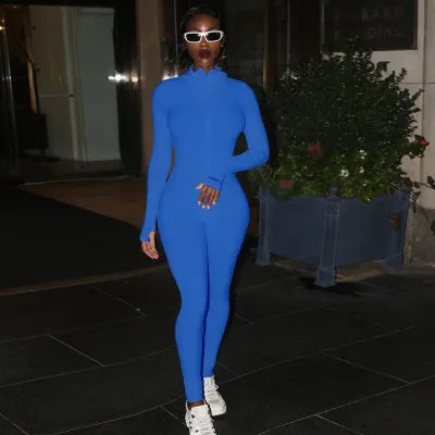 S-L Turtleneck Zipper Long Sleeve Letter Embroidery Tight Jumpsuit