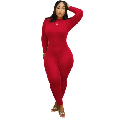 S-XXL Women Solid Color Turtleneck Long-sleeve Tight Jumpsuits