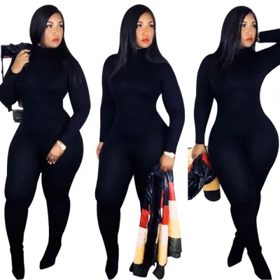 S-XXL Women Solid Color Turtleneck Long-sleeve Tight Jumpsuits