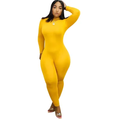 S-XXL Women Solid Color Turtleneck Long-sleeve Tight Jumpsuits