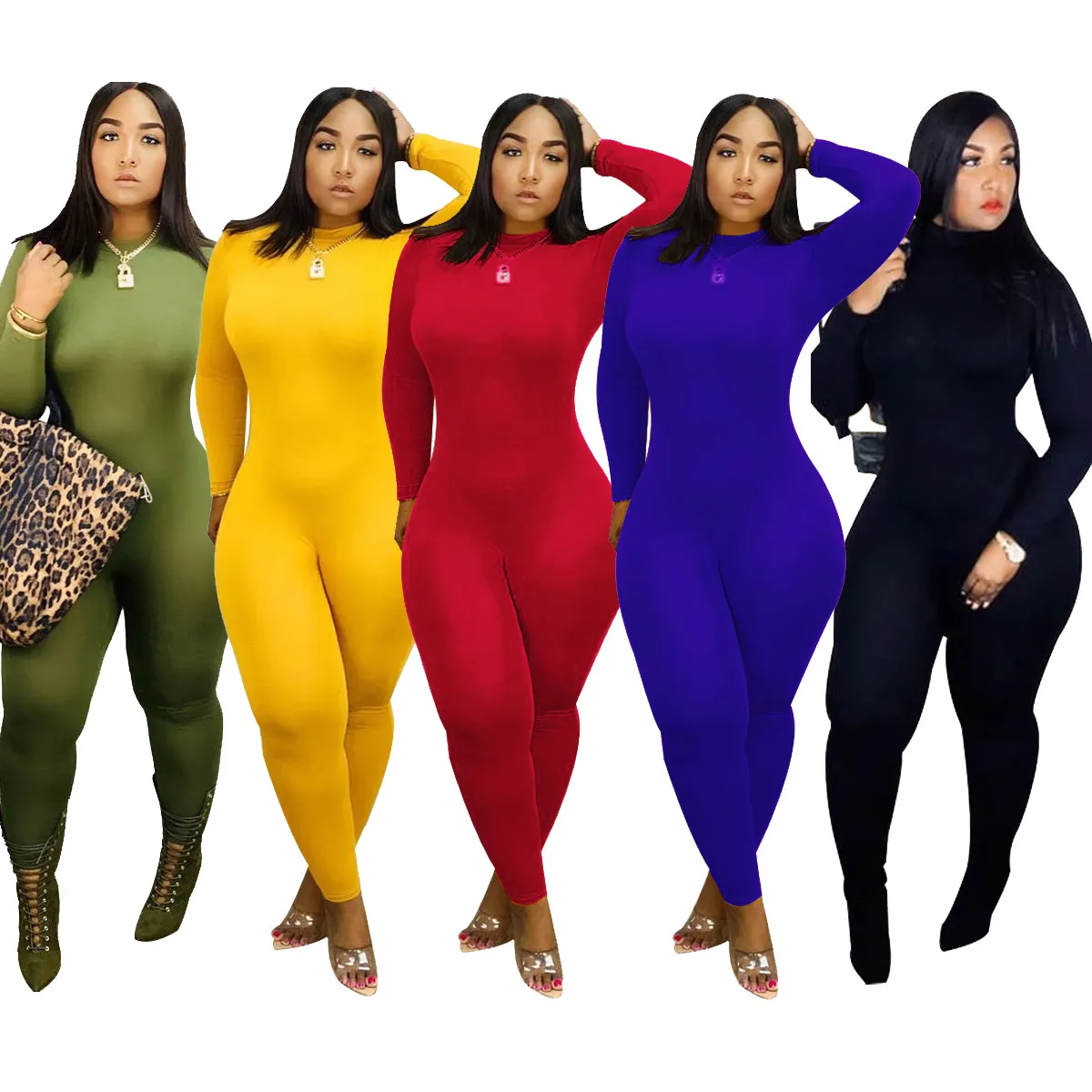 S-XXL Women Solid Color Turtleneck Long-sleeve Tight Jumpsuits
