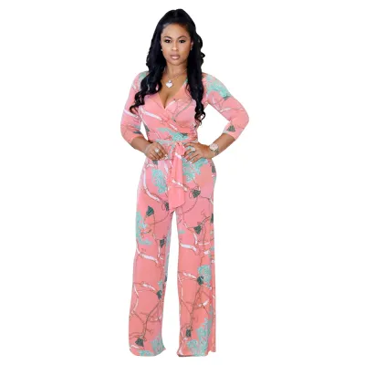 S-XXL Fashion Chain Print V-Neck Lace-Up Straight Jumpsuit