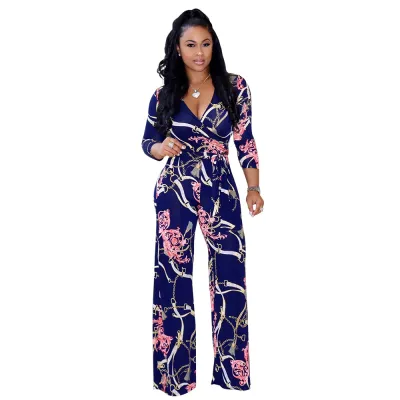 S-XXL Fashion Chain Print V-Neck Lace-Up Straight Jumpsuit