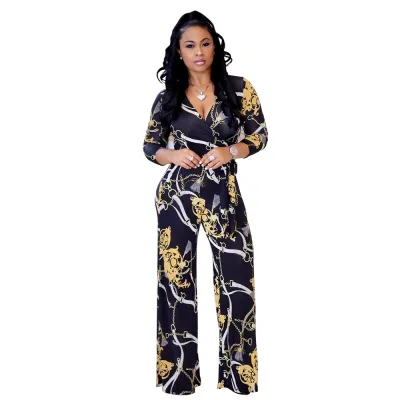S-XXL Fashion Chain Print V-Neck Lace-Up Straight Jumpsuit