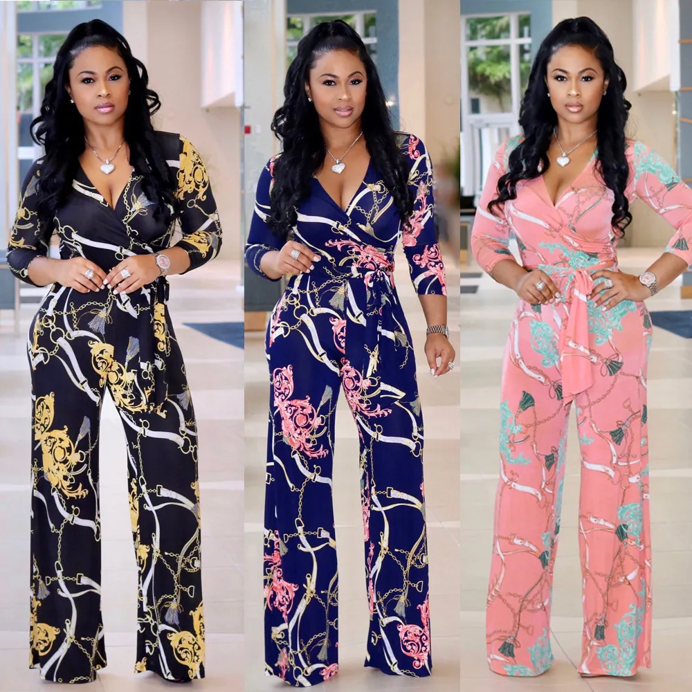 S-XXL Fashion Chain Print V-Neck Lace-Up Straight Jumpsuit