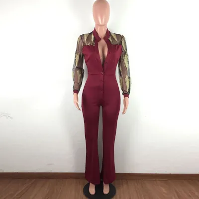 S-XXL Fashion Mesh See-through Feather Embroidery Long-sleeve Romper Jumpsuit