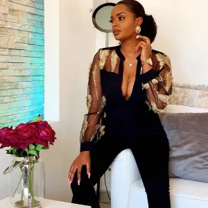 S-XXL Fashion Mesh See-through Feather Embroidery Long-sleeve Romper Jumpsuit