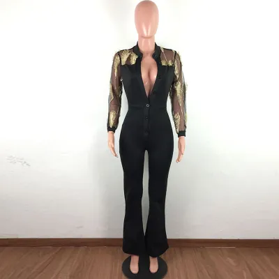 S-XXL Fashion Mesh See-through Feather Embroidery Long-sleeve Romper Jumpsuit