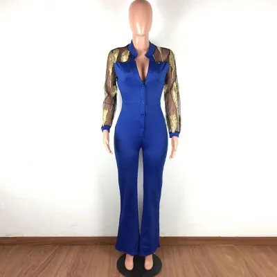 S-XXL Fashion Mesh See-through Feather Embroidery Long-sleeve Romper Jumpsuit