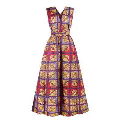 S-XL Women Fashion V-neck Sleeveless Lace-up Graphic Print Jumpsuits