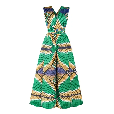 S-XL Women Fashion V-neck Sleeveless Lace-up Graphic Print Jumpsuits