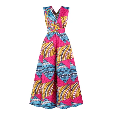 S-XL Women Fashion V-neck Sleeveless Lace-up Graphic Print Jumpsuits