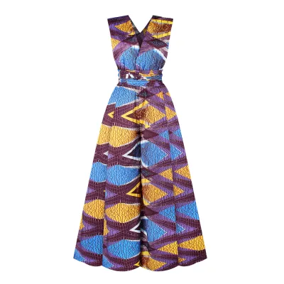 S-XL Women Fashion V-neck Sleeveless Lace-up Graphic Print Jumpsuits