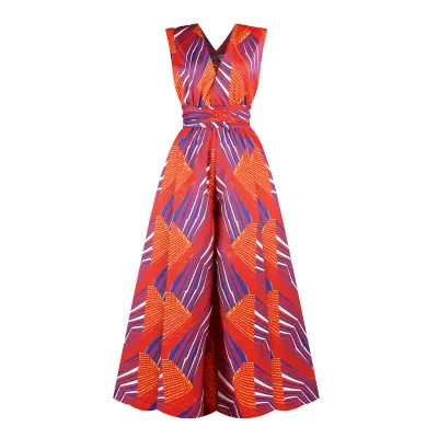 S-XL Women Fashion V-neck Sleeveless Lace-up Graphic Print Jumpsuits