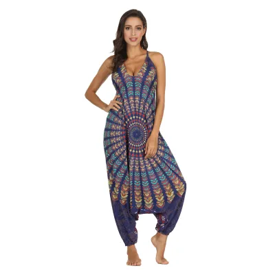 Women V-neck Backless Graphic Print Loose Wide Leg Sling Rompers