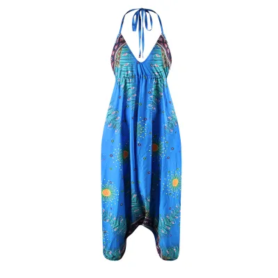 Women V-neck Backless Graphic Print Loose Wide Leg Sling Rompers