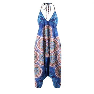 Women V-neck Backless Graphic Print Loose Wide Leg Sling Rompers