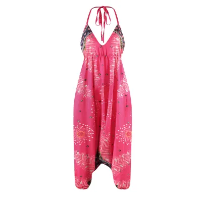 Women V-neck Backless Graphic Print Loose Wide Leg Sling Rompers