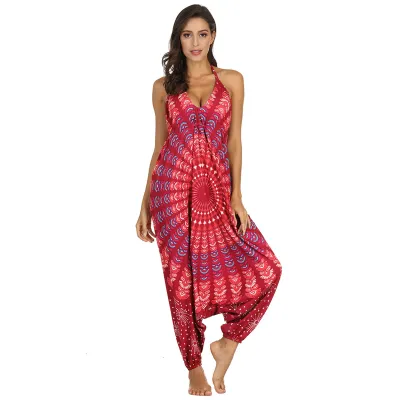 Women V-neck Backless Graphic Print Loose Wide Leg Sling Rompers