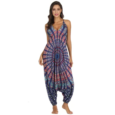 Women V-neck Backless Graphic Print Loose Wide Leg Sling Rompers