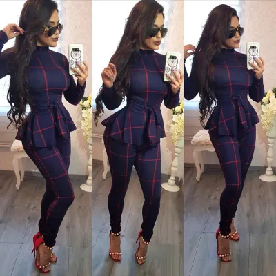 S-XXL Turtleneck Long-sleeve Plaid Ruffle Patchwork Jumpsuits
