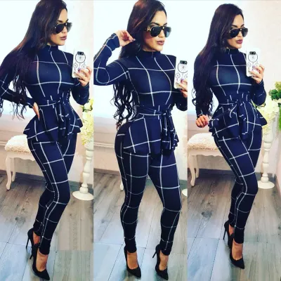 S-XXL Turtleneck Long-sleeve Plaid Ruffle Patchwork Jumpsuits
