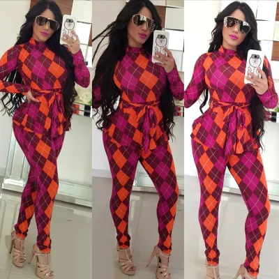 S-XXL Turtleneck Long-sleeve Plaid Ruffle Patchwork Jumpsuits