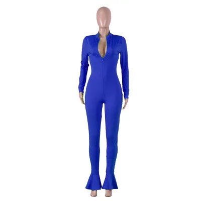 S-XXL Fashion Solid Color Stand Collar Zipper Long-sleeve Tight Jumpsuits