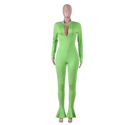 S-XXL Fashion Solid Color Stand Collar Zipper Long-sleeve Tight Jumpsuits