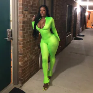 S-XXL Fashion Solid Color Stand Collar Zipper Long-sleeve Tight Jumpsuits