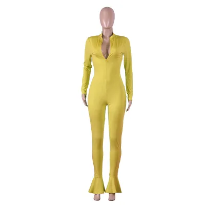S-XXL Fashion Solid Color Stand Collar Zipper Long-sleeve Tight Jumpsuits