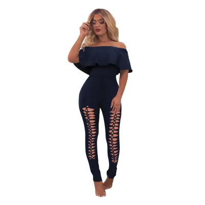 S-XL Off-the-Shoulder Ruffle Hollow Solid Color Tight Jumpsuits