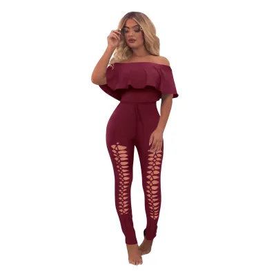 S-XL Off-the-Shoulder Ruffle Hollow Solid Color Tight Jumpsuits