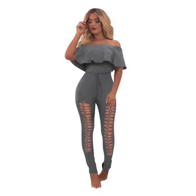 S-XL Off-the-Shoulder Ruffle Hollow Solid Color Tight Jumpsuits