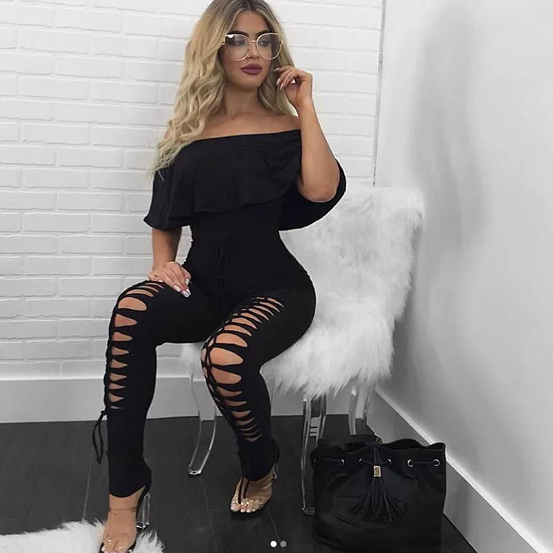 S-XL Off-the-Shoulder Ruffle Hollow Solid Color Tight Jumpsuits