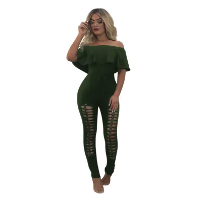 S-XL Off-the-Shoulder Ruffle Hollow Solid Color Tight Jumpsuits