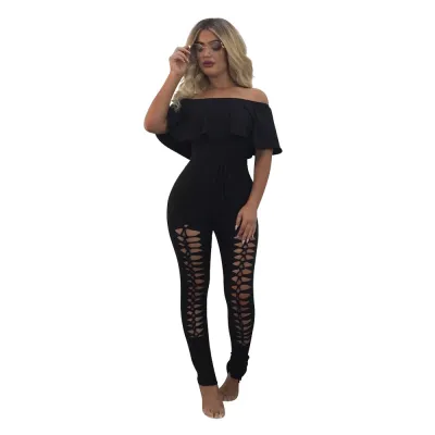 S-XL Off-the-Shoulder Ruffle Hollow Solid Color Tight Jumpsuits