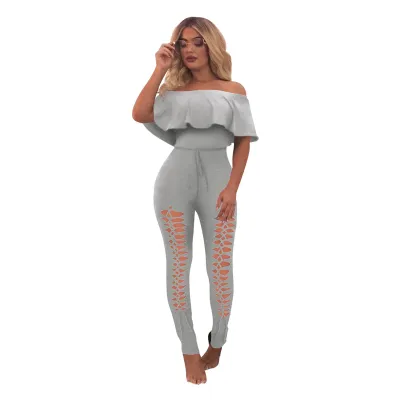 S-XL Off-the-Shoulder Ruffle Hollow Solid Color Tight Jumpsuits
