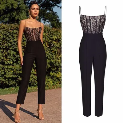 S-XL Women Fashion Lace Patchwork Spaghetti Strap Sleeveless Jumpsuits