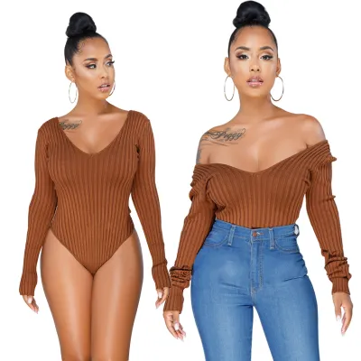 S-3XL Sexy Deep V-neck Long-sleeve Solid Color Bodysuits
